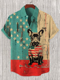 Men's Retro American Flag Bulldog Art Print Linen Blend Short Sleeve Shirt