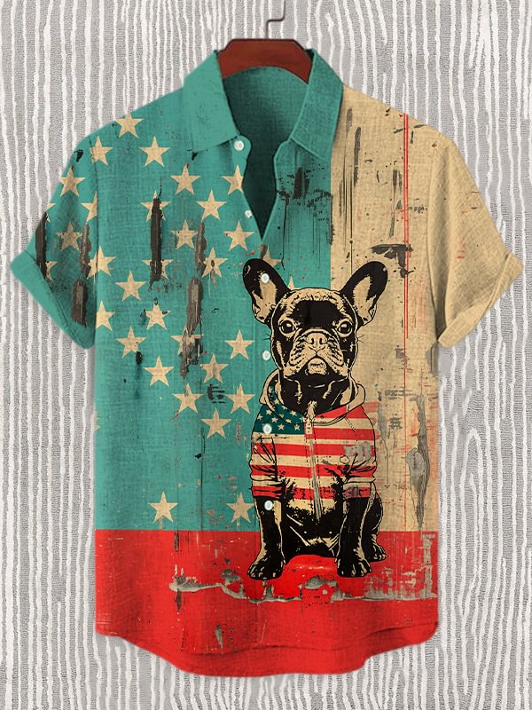 Men's Retro American Flag Bulldog Art Print Linen Blend Short Sleeve Shirt