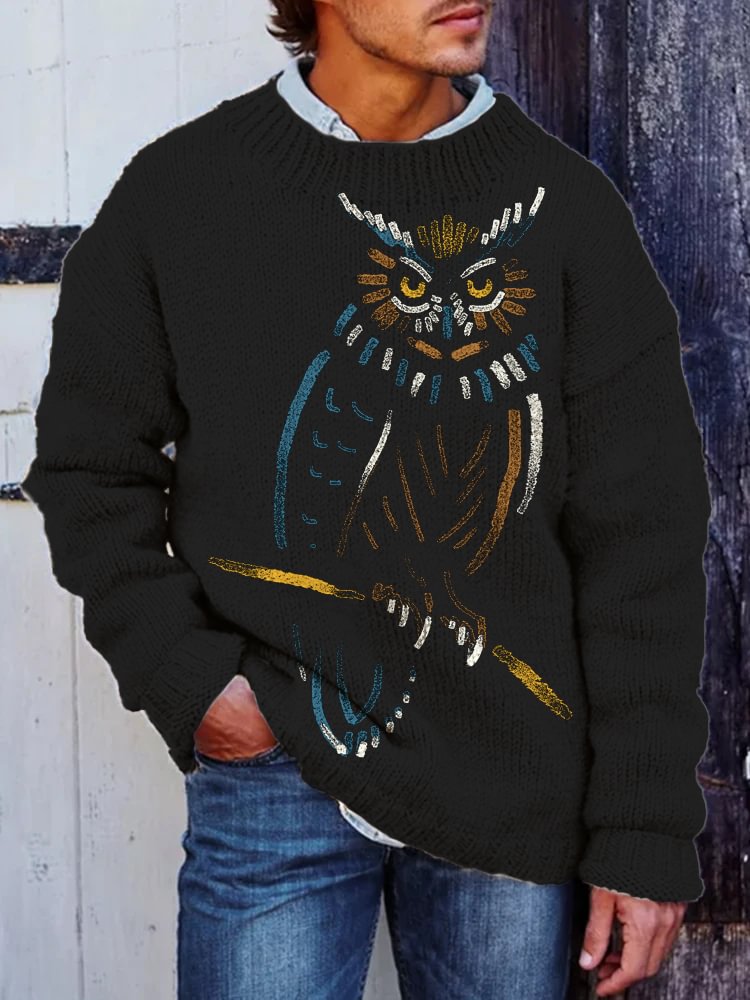 Men's Owl Art Painting Print Knit Sweatshirt