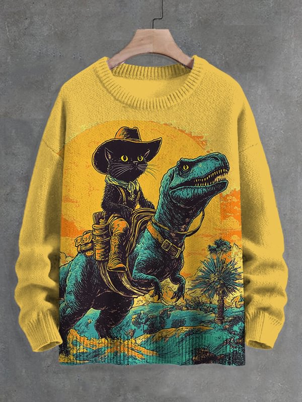 Men's The Fantasy Journey Of Cowboy Black Cat And Dinosaur Print Knit Sweatshirt