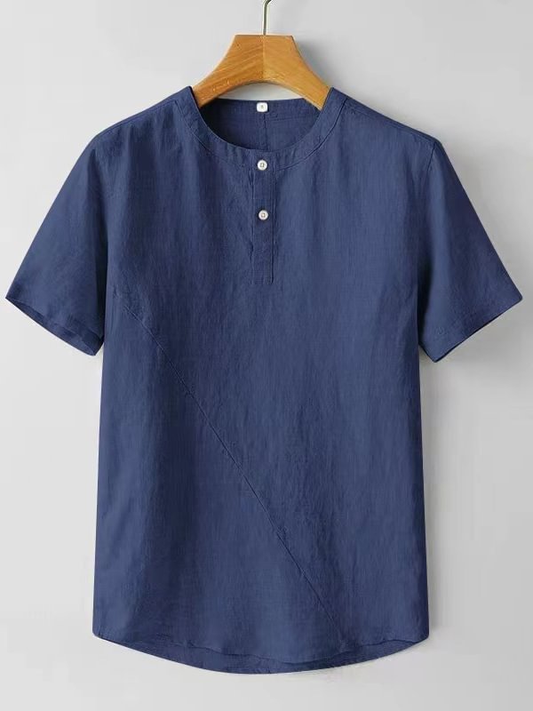 Men's Casual Plain Button Round Neck Short Sleeve Linen T-Shirt
