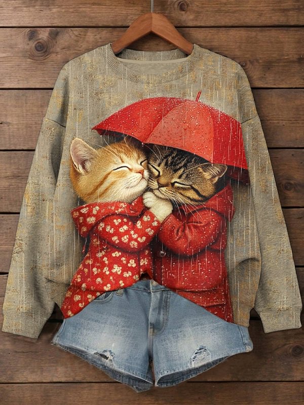 Women's Loving Cat Under An Umbrella Art Print Casual Sweatshirt