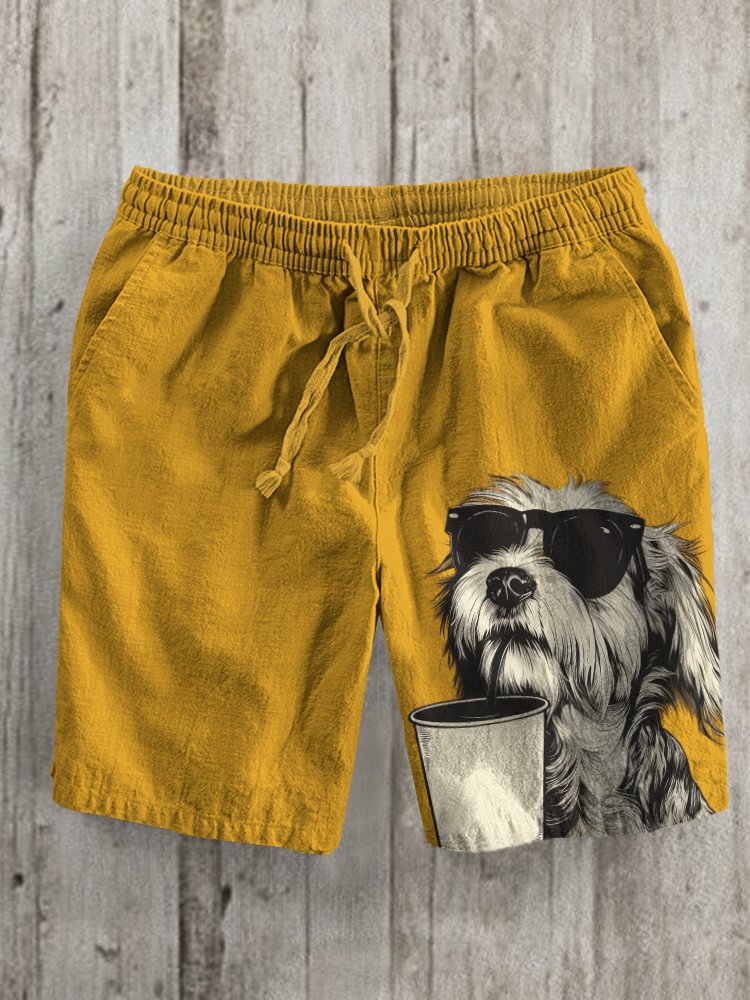 Men's Fun Sunglasses Dog Drinking Print Casual Shorts