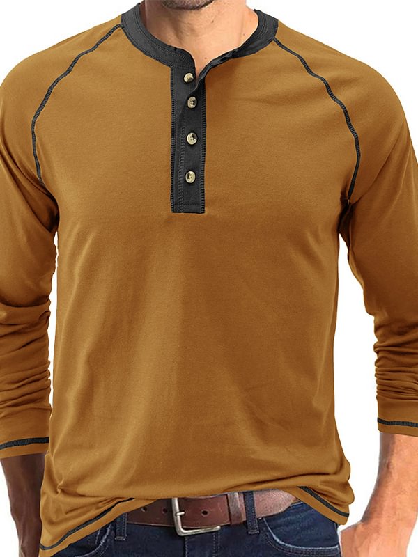 Men's Casual Color Matching Half Button Long Sleeve Henley Shirt