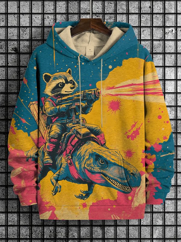 Men's Raccoons And Dinosaurs Fighting Together Art Print Hooded Sweatshirt