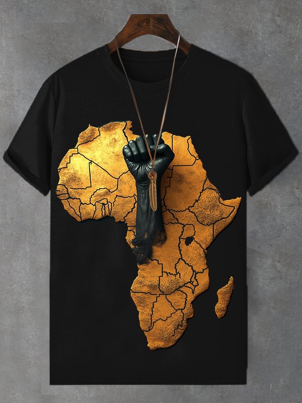 Men's African Map Black Fist Three-Dimensional Print Cotton Casual T-Shirt