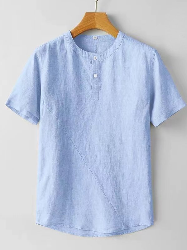 Men's Casual Plain Button Round Neck Short Sleeve Linen T-Shirt