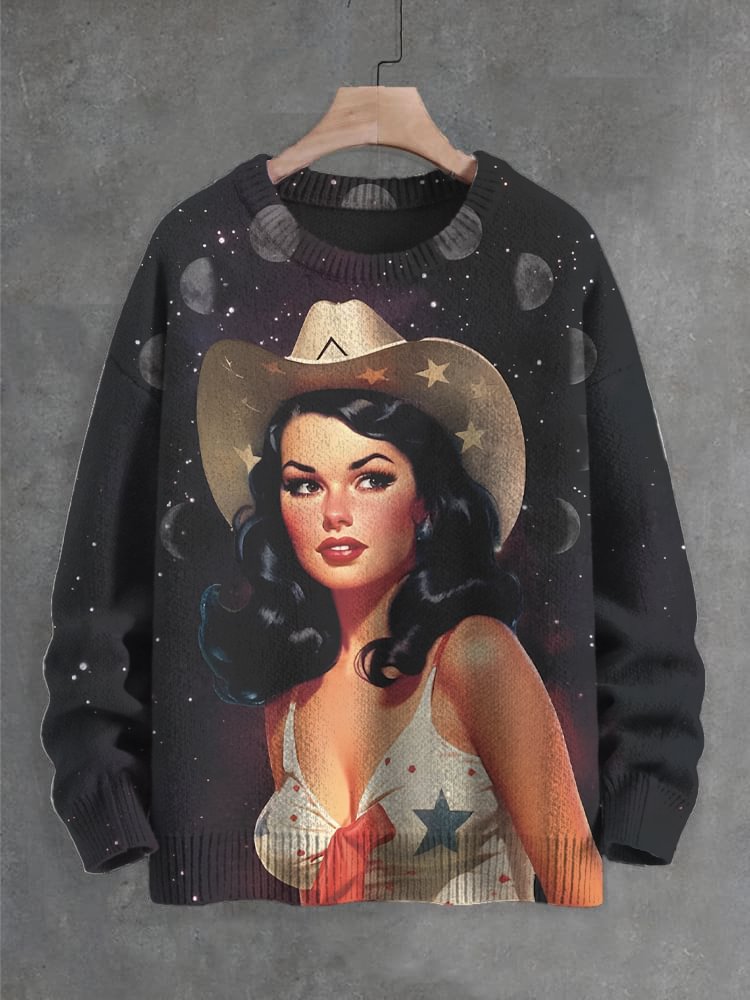 Men's Surreal Art Outer Space Cowgirl Print Knit Sweatshirt