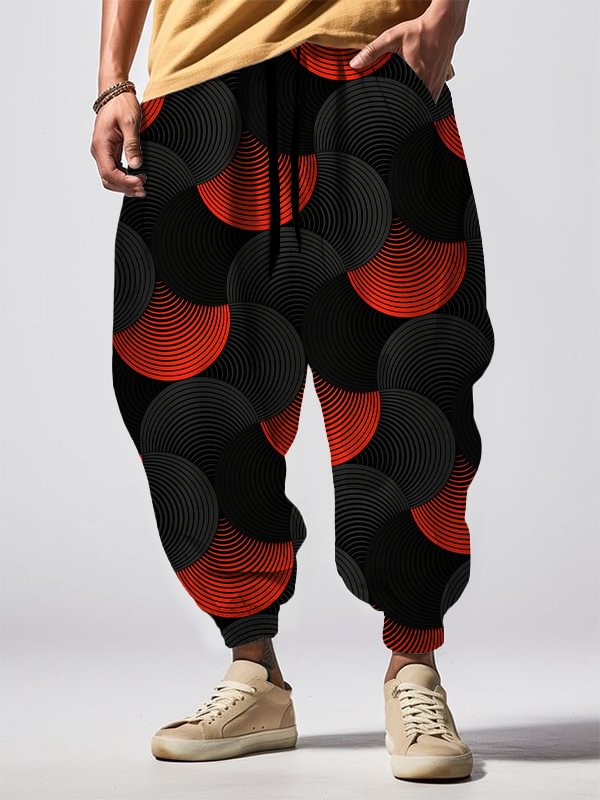 Men's Geometric Lines Combined Fan-Shaped Pattern Art Print Loose Drawstring Waist Sweatpants