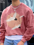 Men's Flying Crane Graphic Print Casual Crew Neck Sweatshirt