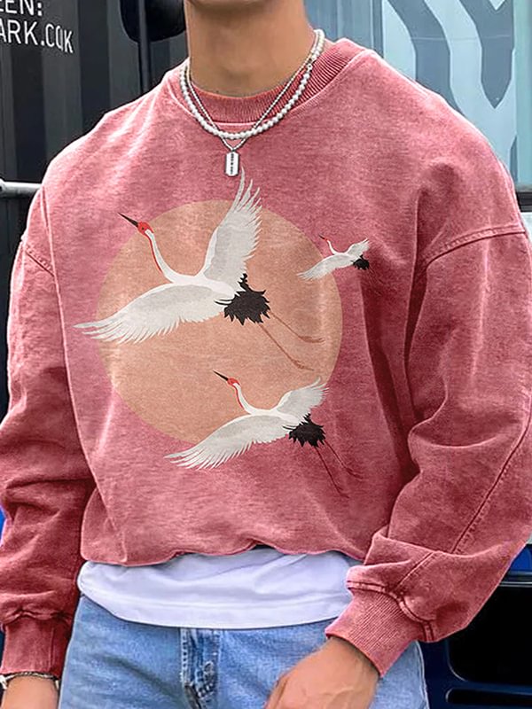 Men's Flying Crane Graphic Print Casual Crew Neck Sweatshirt