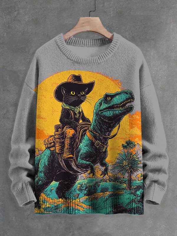 Men's The Fantasy Journey Of Cowboy Black Cat And Dinosaur Print Knit Sweatshirt