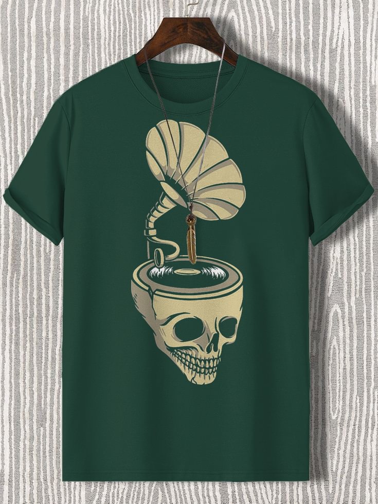 Men's Halloween Skull Phonograph Graphic Print Cotton Casual T-Shirt