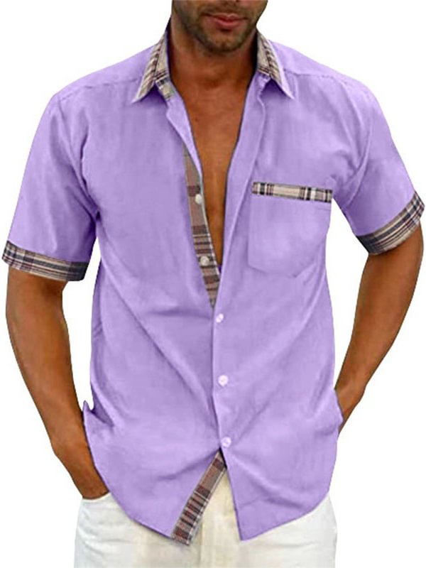Men's Plaid Patchwork Chest Pocket Short Sleeve Business Casual Shirt