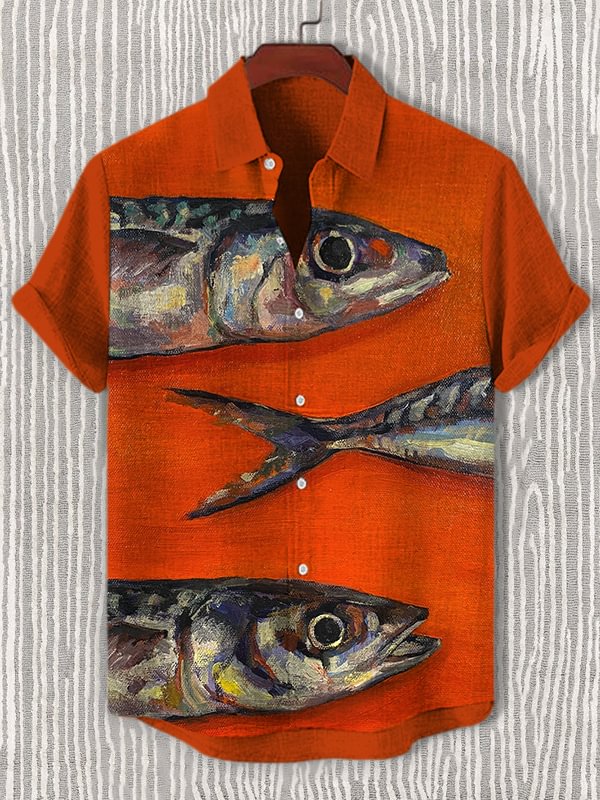 Men's Sardine Oil Painting Print Short Sleeve Shirt