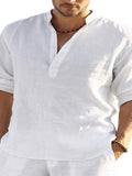 Men's Casual Half Button Long Sleeve Roll Tab Linen Shirt