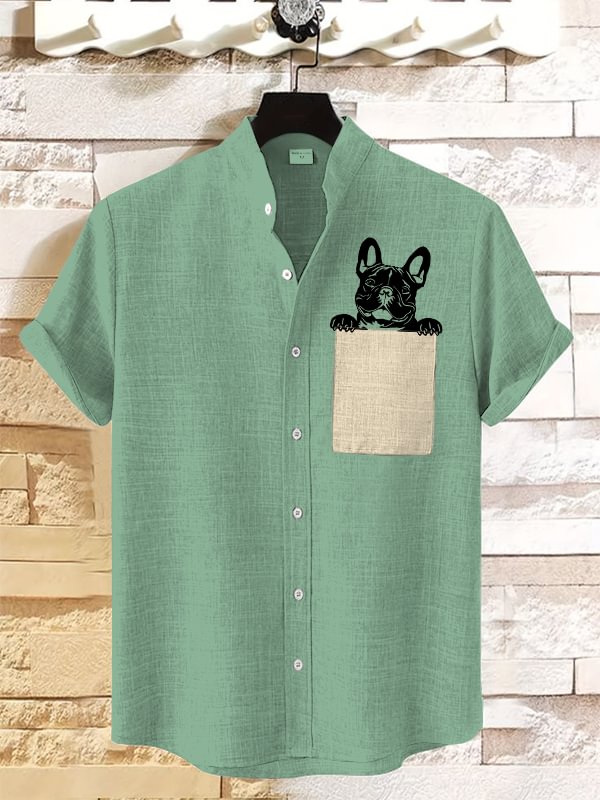 Men's Peekaboo French Bulldog Print Linen Blend Shirt