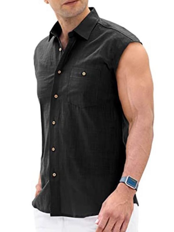 Men's Casual Solid Button Up Turndown Collar Sleeveless Shirt