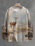 Men's Retro Woodland Wildlife Deer Print Knit Sweatshirt