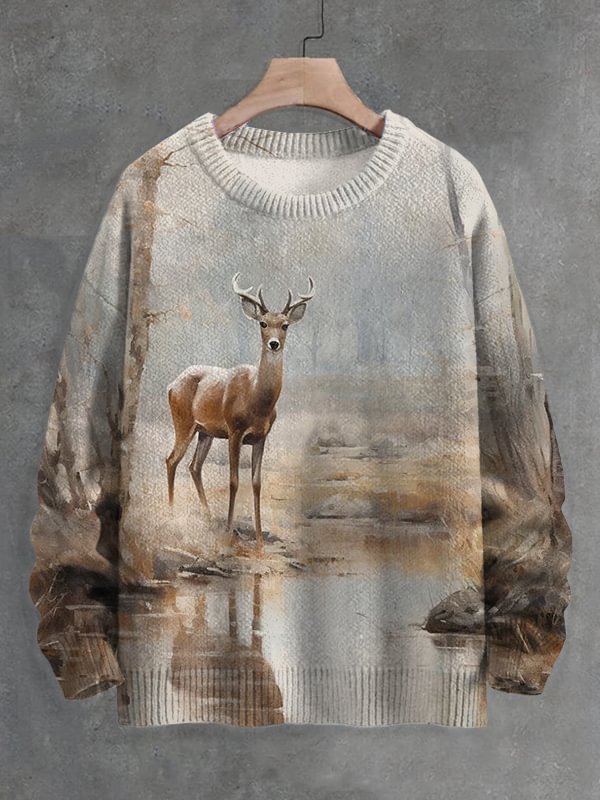 Men's Retro Woodland Wildlife Deer Print Knit Sweatshirt