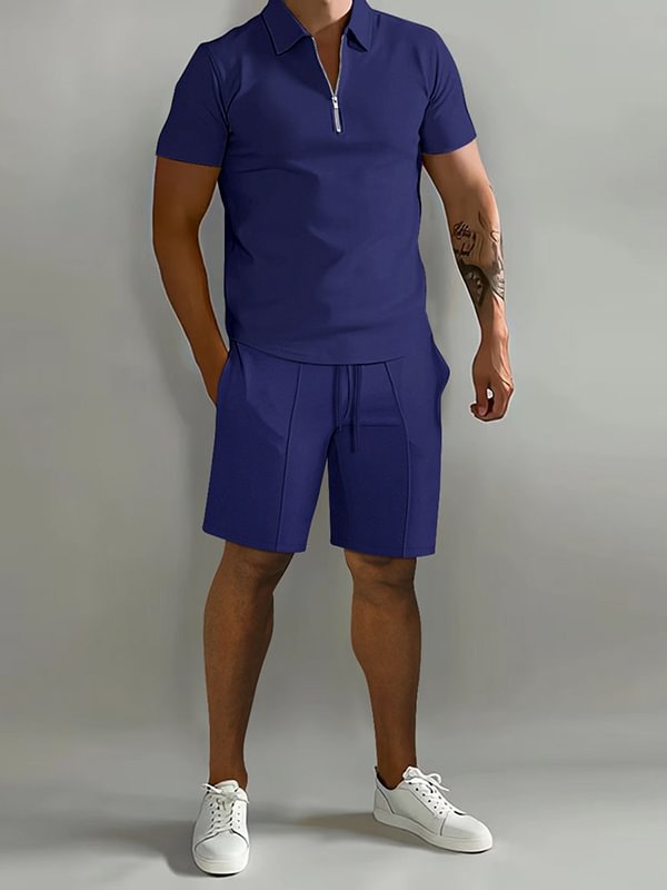 Men's Casual Half Zipper Polo Shirt Drawstring Shorts Two-Piece Set