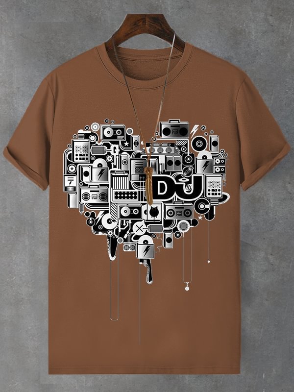 Men's Vintage Heart Pattern Music Art Print Cotton Casual T-Shirt