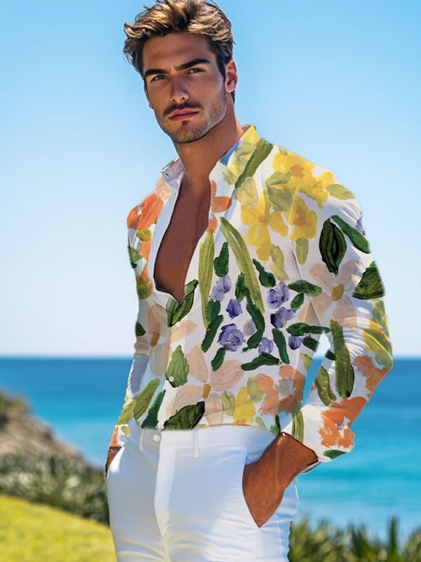 Men's Watercolor Flowers Vacation Print Long Sleeve Shirt