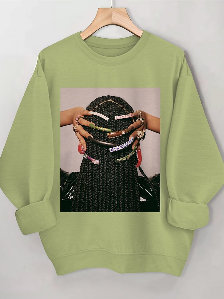 Women's Beautiful Braids And Nails Print Cotton Long Sleeve T-Shirt Thin Sweatshirt