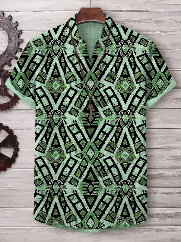 Men's Black Ethnic Traditional Patterns Print Casual V Neck T-Shirt