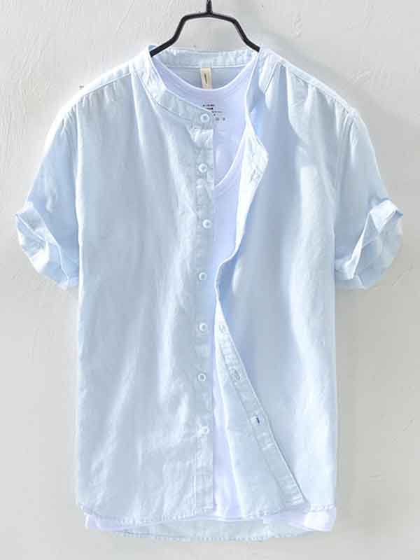 Men's Plain Short Sleeve Retro Cotton And Linen Shirt