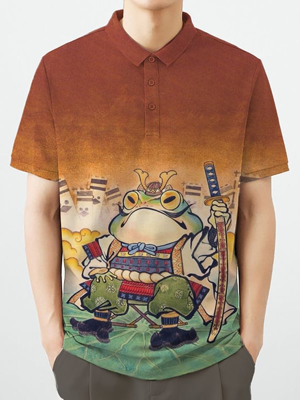 Men's Frog Warrior Saber Japanese Art Print Casual Half Button Shirt