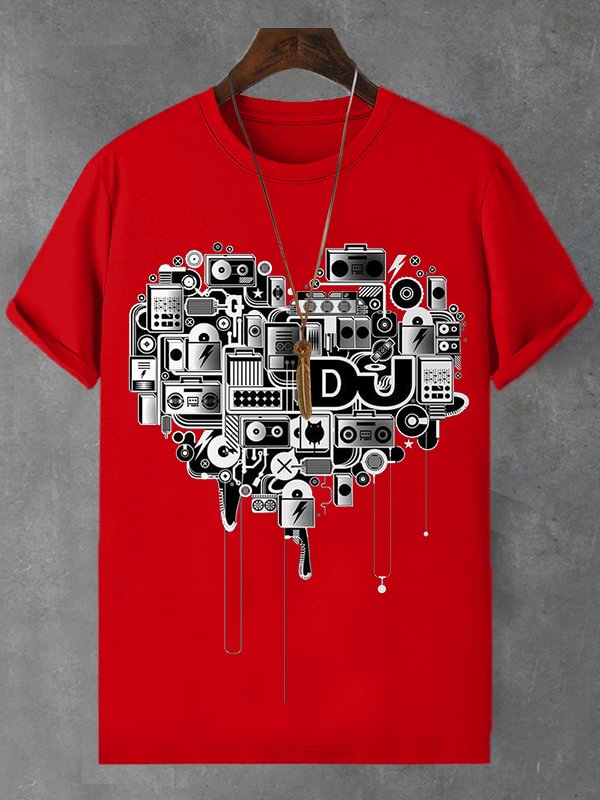 Men's Vintage Heart Pattern Music Art Print Cotton Casual T-Shirt