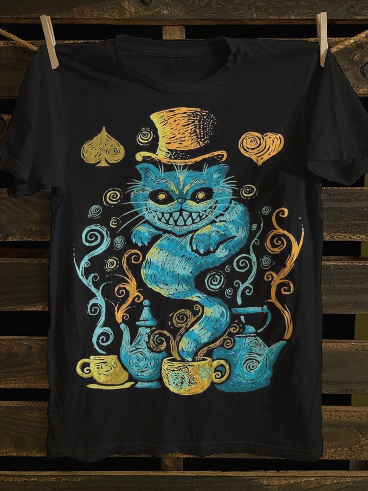 Men's Spooky Cat Illustration Print Casual T-Shirt