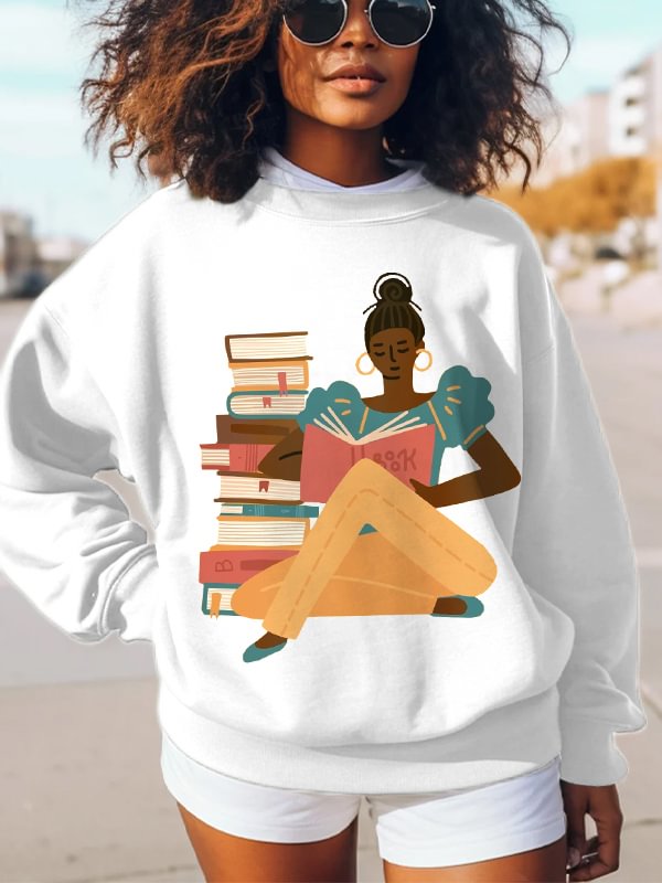 Women's Girl Reading Print Cotton Long Sleeve T-Shirt Thin Sweatshirt