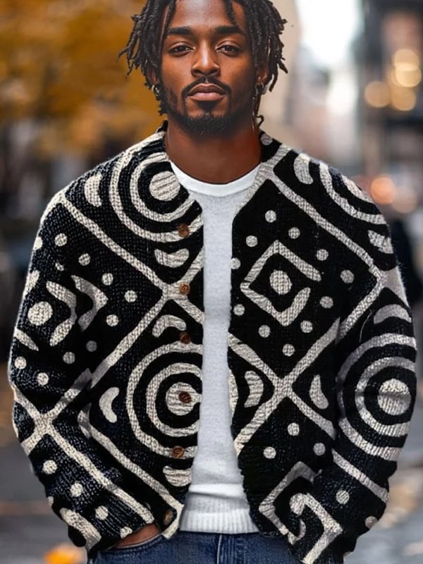 Men's Retro Tribal Pattern Print Button Down Knit Cardigan