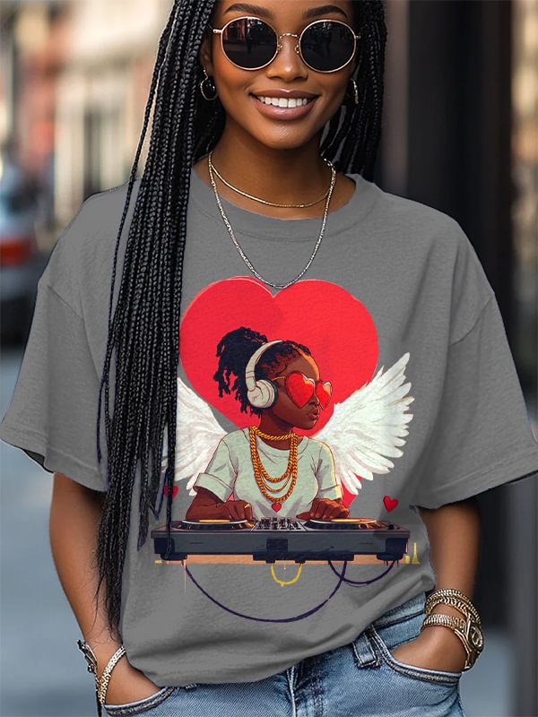 Women's Valentine's Day DJ Print Cotton Casual T-Shirt
