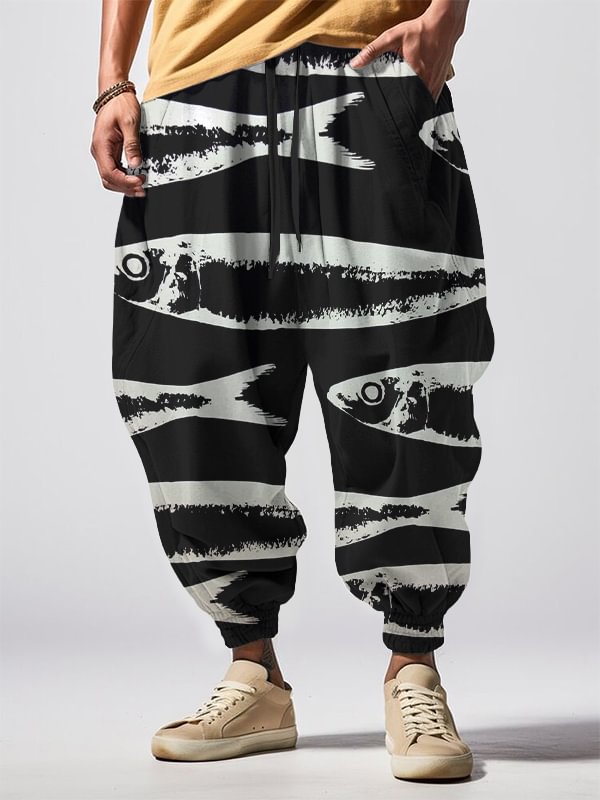 Men's Sardine Art Print Loose Drawstring Waist Sweatpants