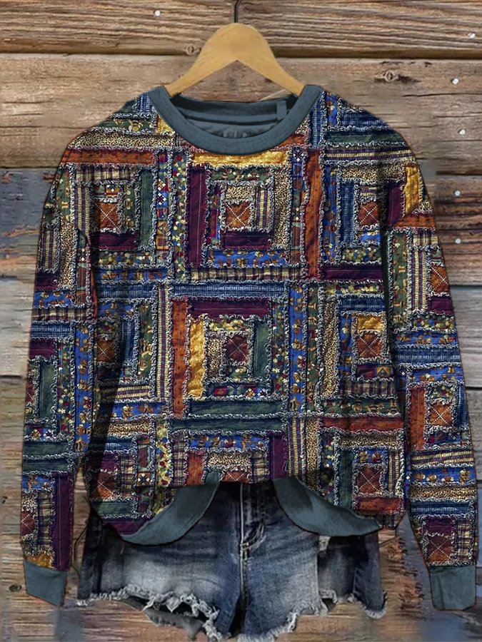 Women's Vintage Geometric Patchwork Art Print Cozy Sweatshirt