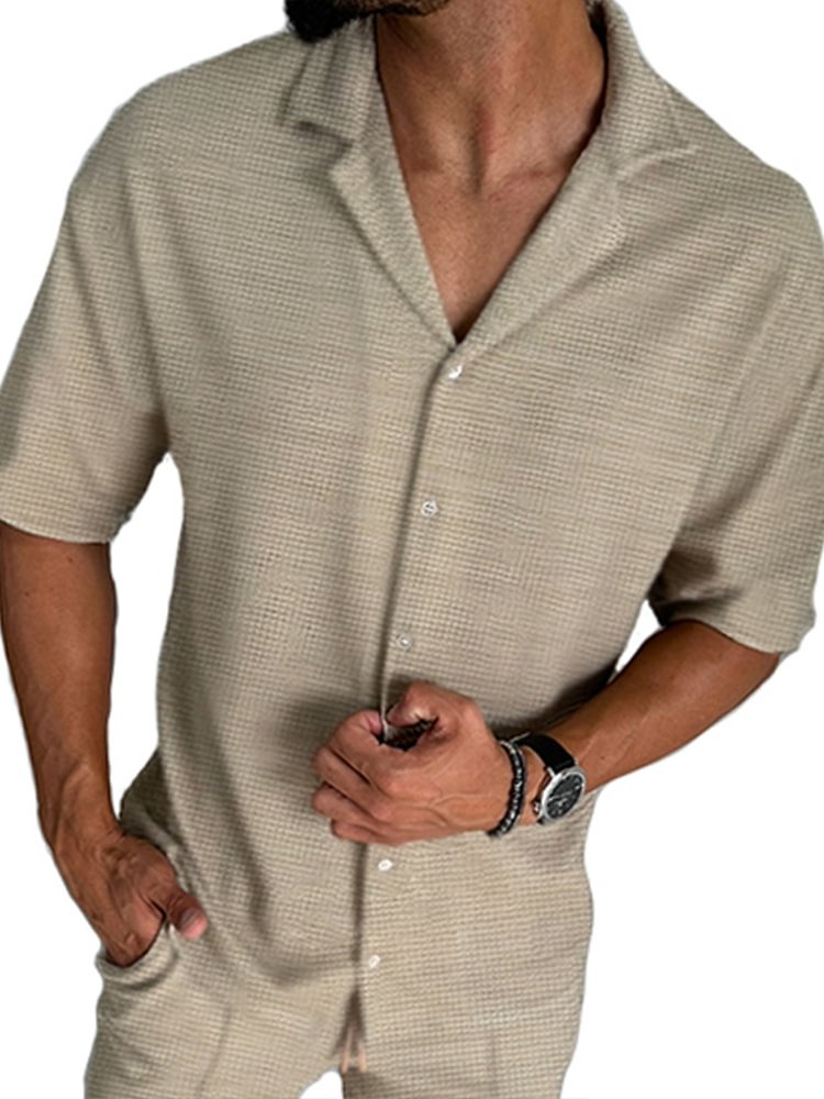 Men's Solid Color Lapel Collar Casual Short Sleeve Shirt