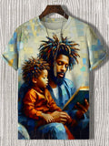 Men's Black Father And Son Oil Painting Art Print Casual T-Shirt