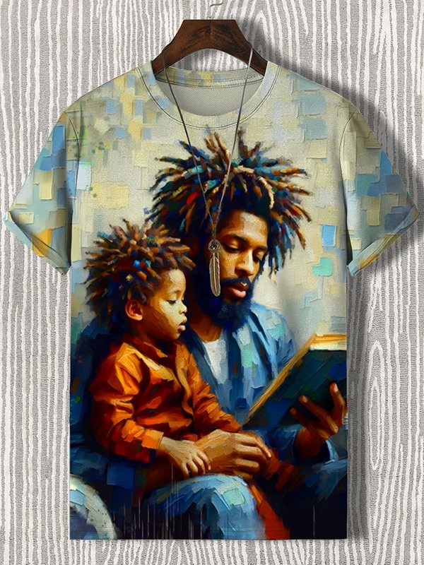 Men's Black Father And Son Oil Painting Art Print Casual T-Shirt