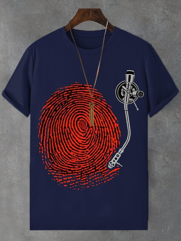 Men's Retro Fingerprint Record Print Cotton Casual T-Shirt