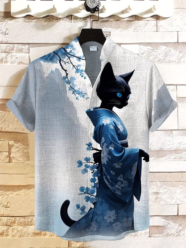 Men's Elegant Sakura Kimono Cat Art Print Linen Blend Casual Shirt