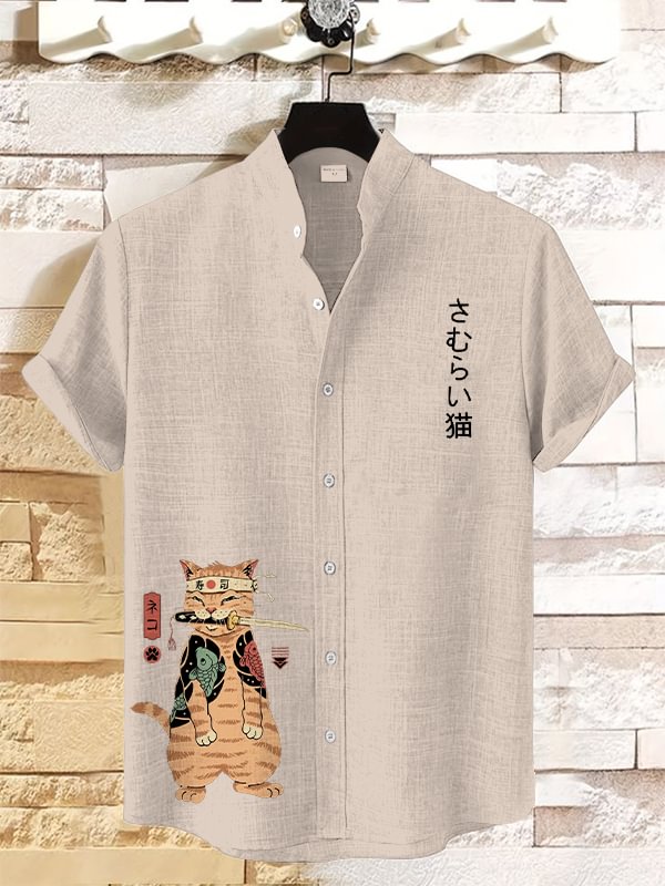 Men's Japanese Sushi Samurai Cat Print Casual Linen Blend Shirt