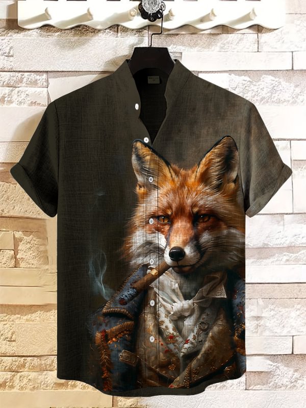 Men's Fox Smoking Art Print Casual Shirt