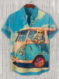Men's Cool Cat Travel In Bus Art Print Casual Shirt