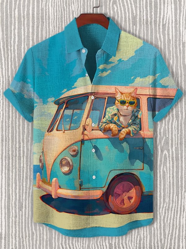 Men's Cool Cat Travel In Bus Art Print Casual Shirt