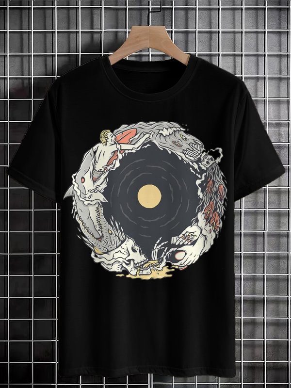 Men's Skeleton Shark Crocodile Surfing Print Cotton Casual T-Shirt