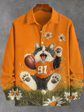 Men's Boho Cat Rugby Player Art Print Half Button Long Sleeve Shirt