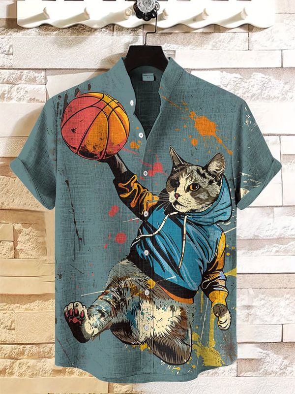 Men's Slam Dunk Cat Basketball Street Art Print Casual Shirt